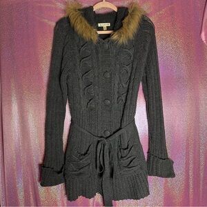 Roommates Vintage Gray Fur Trim Hooded Button Up Waist Tie Distressed Cardigan